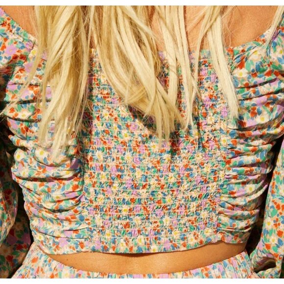 BILLABONG THE SALTY BLONDE Free Love Crop Top Sz M Multicolor Floral Puff Sleeve - Picture 13 of 16